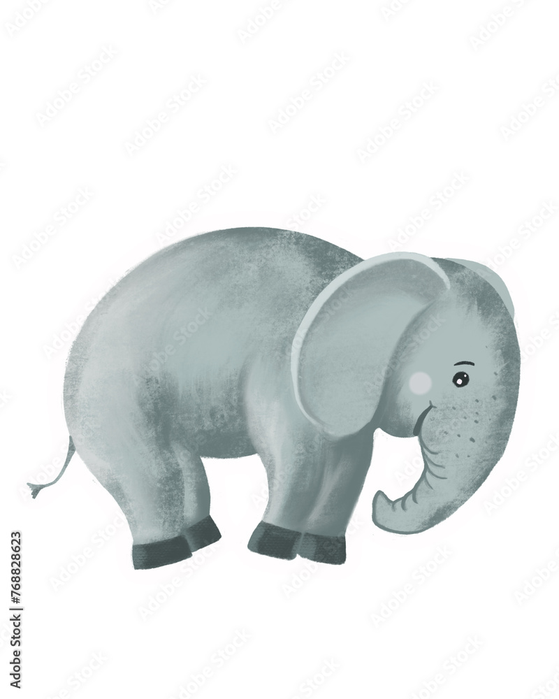 Cute Elephant illustration. Digital art, hand drawn by watercolor, acril brushes. Textured effects. For print, stickers and other DIY.