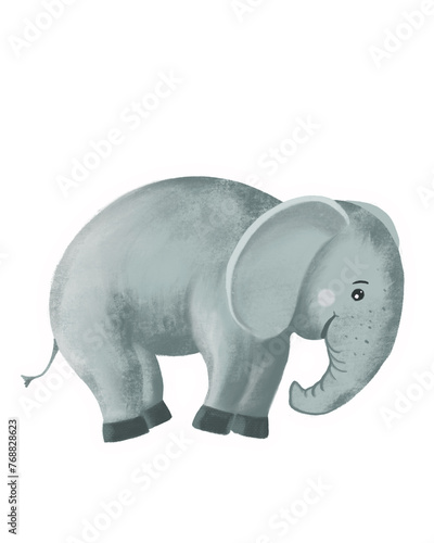 Cute Elephant illustration. Digital art, hand drawn by watercolor, acril brushes. Textured effects. For print, stickers and other DIY.