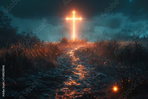 Experience the brilliance of a radiant and shining cross gleaming brightly against the backdrop, with a pathway bathed in its luminosity guiding towards its sacred presence