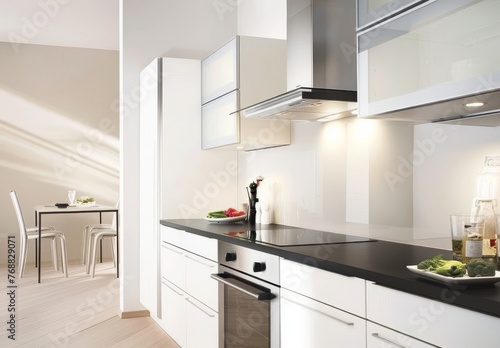 Modern Kitchen With White Cabinets and Black Countertops © hakule