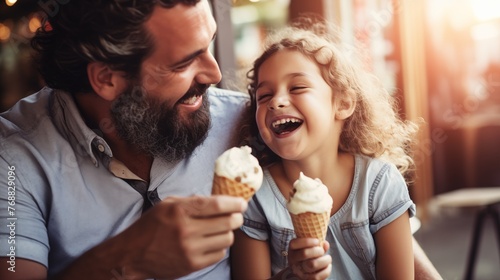 Father and daughter happily enjoy ice cream cones together, savoring the sweetness of the moment, creating cherished memories filled with joy.
 photo
