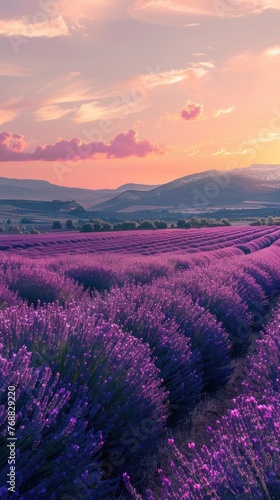 Lavender fields at sunset  tranquil beauty  space for text 