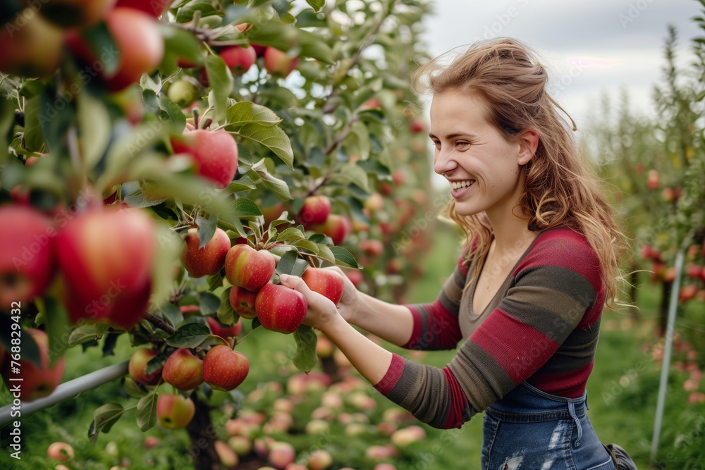 smiling lady picking apples in an orchard smiling lady picking apples in an orchard