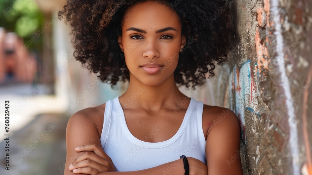 Confident young woman in a white tank top leaning against a wall Confident young woman in a white tank top leaning against a wall