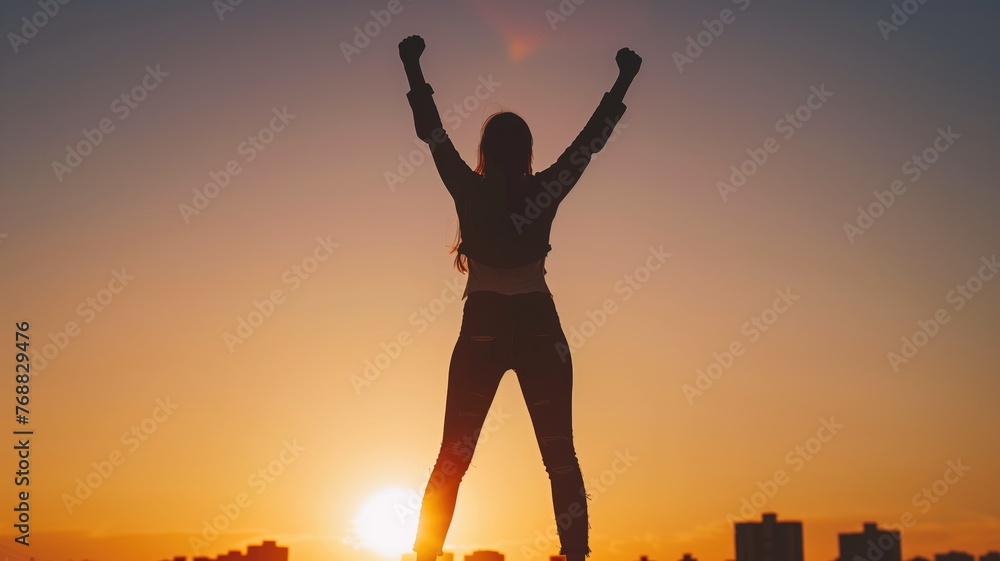 Silhouette of a woman with raised arms in triumph against a sunset, symbolizing victory and success