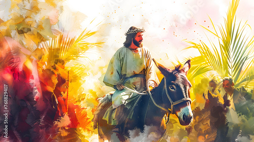 Palm Sunday Illuminated: A Serene Watercolor Illustration of Jesus Riding a Donkey Amidst the Joyful Celebrations