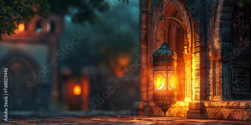 A lantern with a crescent moon design on empty street, Islamic decoration background, Ramadan Kareem, Mawlid, Iftar, Eid al Fitr Adha, Muharram, 