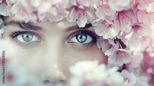 Close-up of a woman's eyes adorned with cherry blossoms