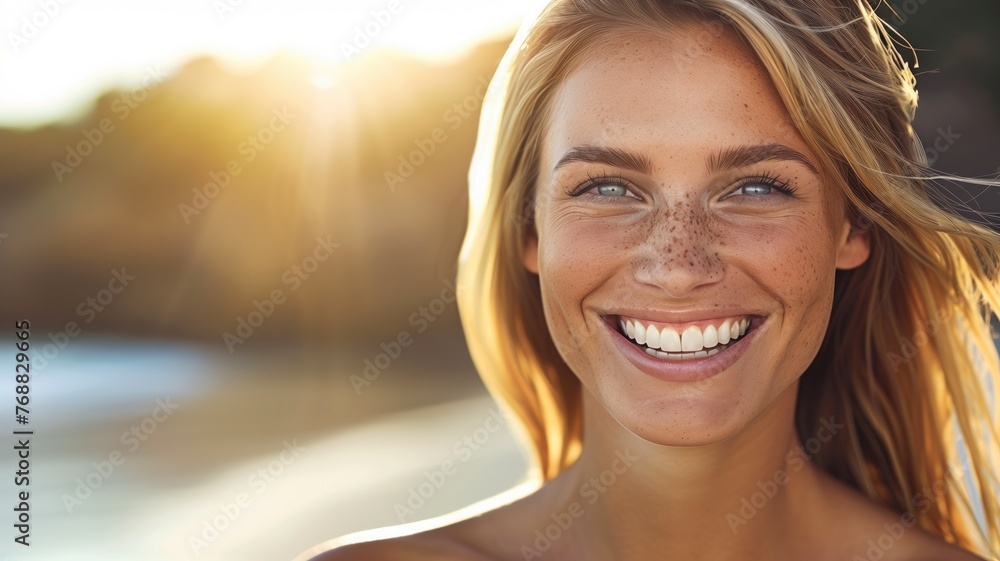 Sun-kissed woman smiling at the beach, her freckles a testament to sunny days Sun-kissed woman smiling at the beach, her freckles a testament to sunny days