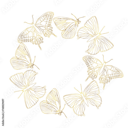 Gold butterfly line art wreath.Vector hand drawn illustration for card or invitations, wedding design, coloring book