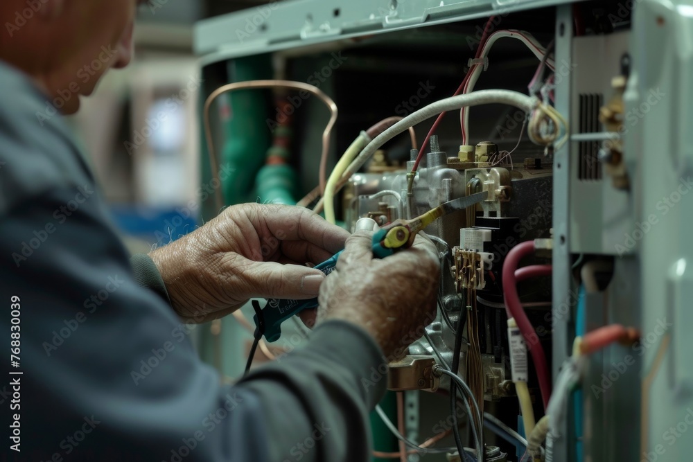 Obraz premium Close-up photograph of a technicians hands repairing the internal components of an air conditioner detailed view of tools and parts