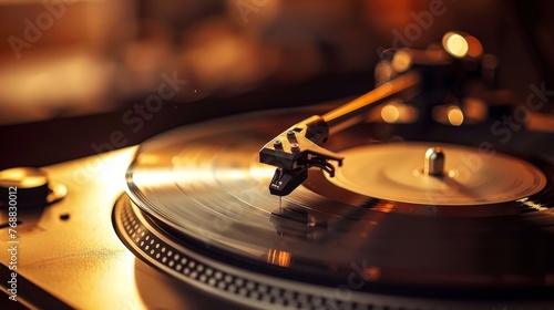 Close-up photo of a vintage record player with a vinyl record spinning needle delicately touching the surface