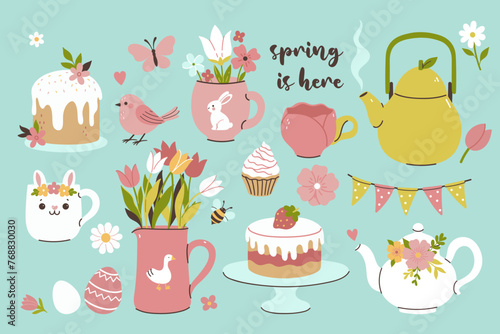 A set of spring tea party items with flowers, bouquets, eggs, Easter cakes. Vector graphics.