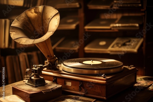 High-resolution image of an antique wooden record player on an oak table surrounded by scattered vinyl records