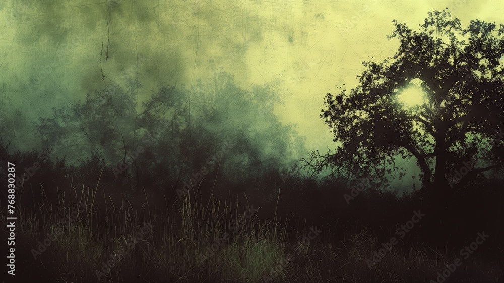 A silhouette of trees against a misty, greenish-yellow backdrop, evoking mystery and tranquility A silhouette of trees against a misty, greenish-yellow backdrop, evoking mystery and tranquility