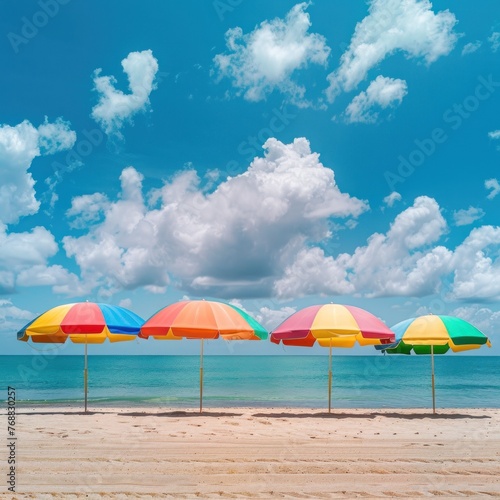 colorful beach umbrellas, seaside relaxation, summer quote area
