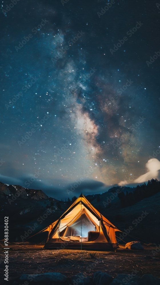 Camping under the stars, cozy tent, wilderness, space for text 