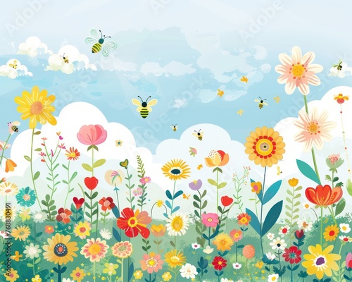 Bright summer garden full of blooms, bees buzzing, with a clear sky, placeholder for cheerful slogans © Nisit