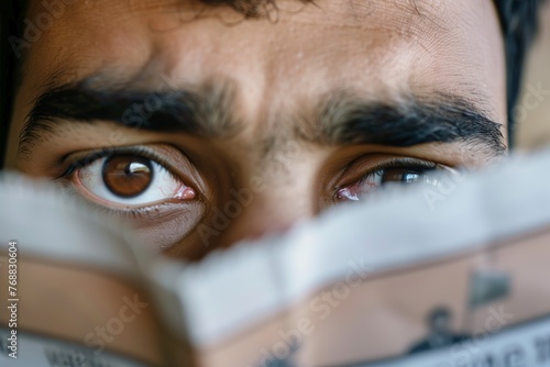 closeup of a mans eyes glancing over a newspaper