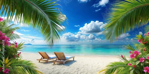 Beautiful tropical beach with white sand and two sun loungers on background of turquoise ocean and blue sky with clouds. Frame of palm leaves and flowers. Perfect landscape for relaxing vacation.