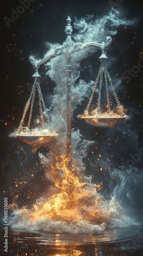 Zodiac sign Libra. Scales of flame, smoke and fire sparks.