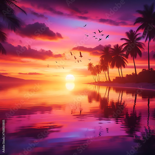 Beautiful sunset with palm trees and birds  colorful sky  digital art style  illustration painting style