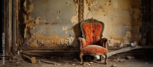 An aged wooden chair is the focal point in a deteriorating room, showcasing signs of neglect and abandonment. The rooms decrepit walls and worn flooring complement the chairs weathered appearance.