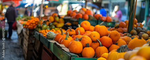 Wooden barrels and tables laden with a variety of pumpkins. Autumn harvest and Thanksgiving concept. Design for fall festival flyers banners with copy space, seasonal food market promotions, and harve photo