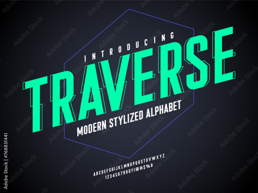 Vector of modern stylized alphabet design uppercase, numbers and symbols