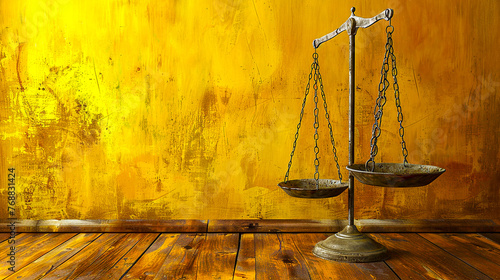 A brass balance scale on a wooden table against a yellow painted wall. photo