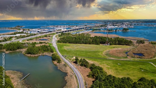 Landscape of Kent Island under a cloudy sky in the evening in Maryland photo