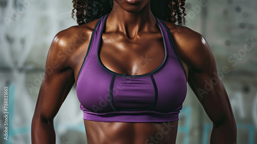 Afro American fitness model torso in purple top with well defined abdominal muscles