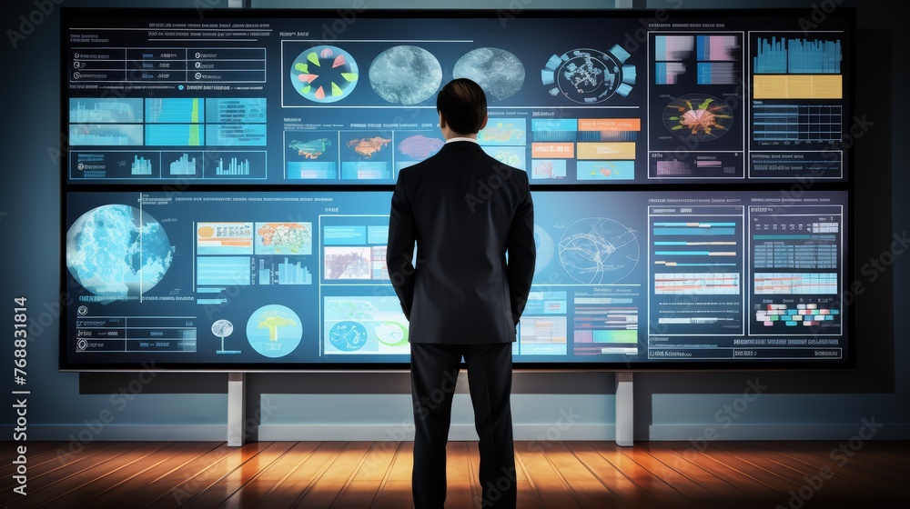 Man Analyzing Data on Large Digital Screen Man Analyzing Data on Large Digital Screen