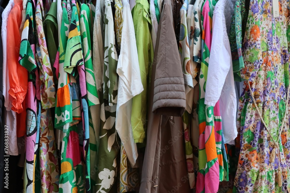 Closeup of colorful clothes hanging on a hanger