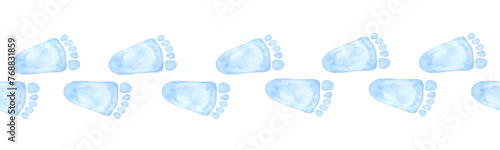 Seamless border little blue footprint. Baby shower, gender reveal party, design invitation. Boy or girl. Hand drawn watercolor illustration isolated background. For family surprise party feast