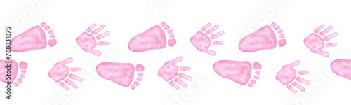 Seamless border little pink palm, handprint, footprint. Baby shower, gender reveal party, design invitation. Boy or girl. Hand drawn watercolor illustration isolated background. For family surprise
