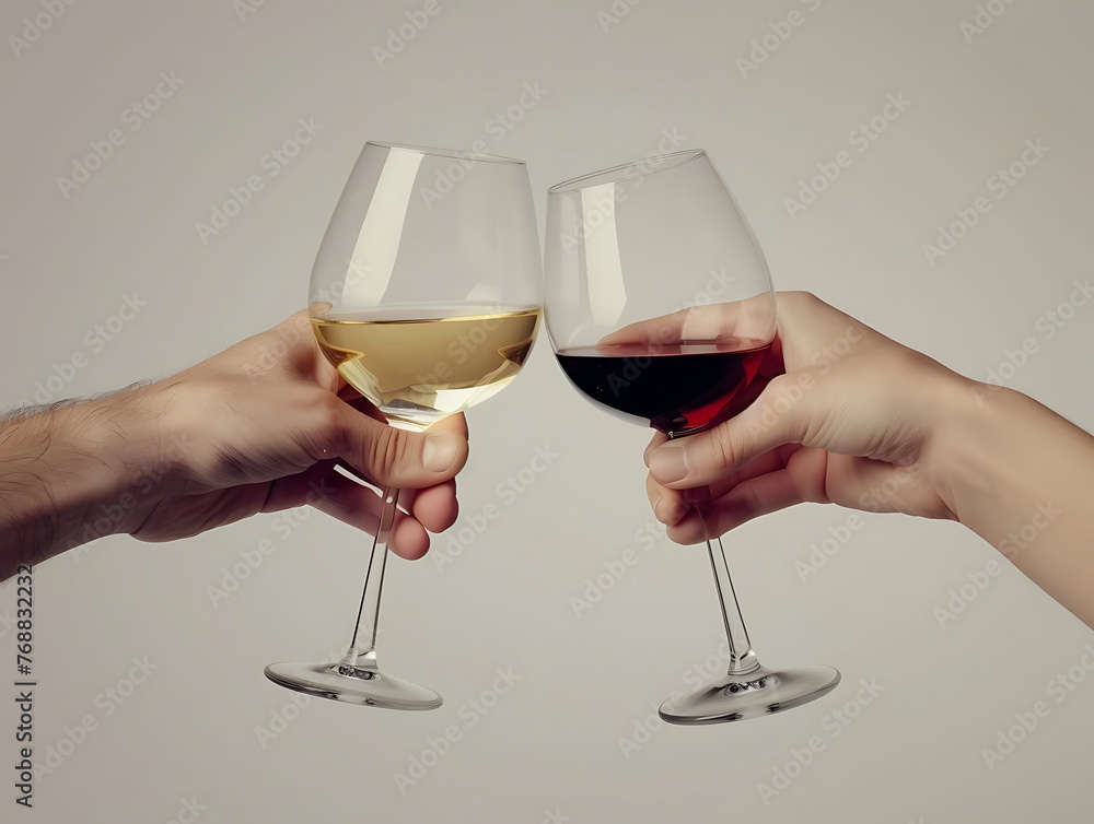 two hands with glasses of white and red wine two hands with glasses of white and red wine