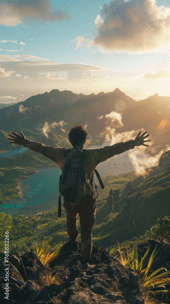 Obraz premium Tourist athlete rejoices climbing a mountain in a tropical country, success and goal achievement concept, man raised his hands up in delight