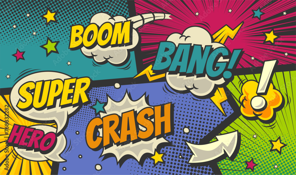 Fototapeta premium Colorful comic cartoon panel with speech bubble expression