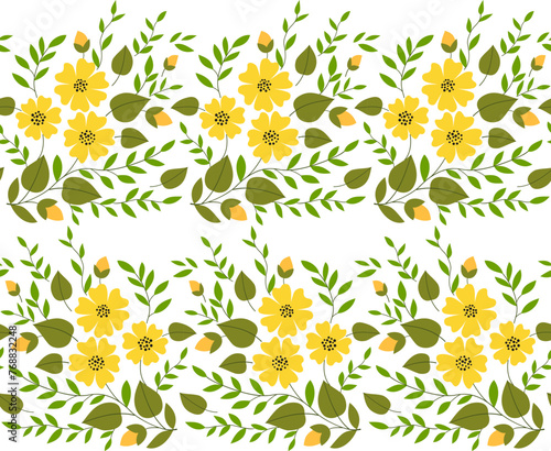Border of yellow flowers and green leaves. Delicate spring bouquet seamless pattern. Floral linear ornament. Plant composition. Summer design of flower garlands. Printable home decor.