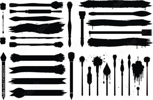 set of black paint, ink brush strokes. brush collection isolated on white background. Trendy brush stroke for black ink paint, grunge backdrop, dirt banner, watercolor design and dirty texture