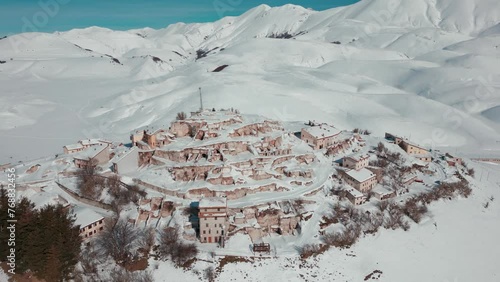 Aerial view of the rubble of the village of Castelluccio di Norcia in the Marche region, Italy photo