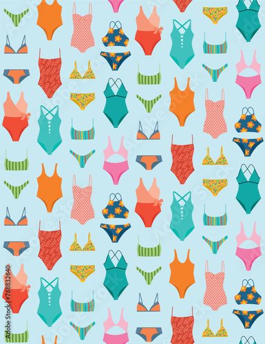 Seamless pattern with various colorful swimsuit. Vector background with fashionable bikini in flat style	