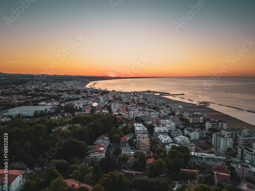 Aerial view of the stunning sunset over the Gabicce Mare and Romagna coast of Italy.