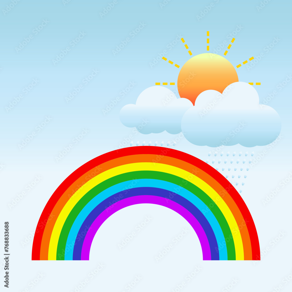 Rainbow colors and rain clouds with sun at the time of rain during the rainy season Rainbow colors and rain clouds with sun at the time of rain during the rainy season