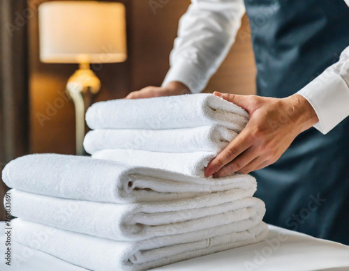 Hand professional chambermaid putting stack of fresh white towels in hotel room