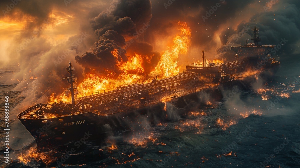 Fire on a cargo ship. A ship carrying liquefied gas is engulfed in flames. Explosion and fire on a gas carrier on the high seas. 3d rendering Fire on a cargo ship. A ship carrying liquefied gas is engulfed in flames. Explosion and fire on a gas carrier on the high seas. 3d rendering