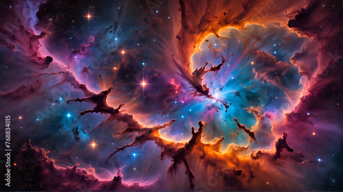 a vibrant and colorful nebula, with clouds of dust and gas in shades of pink, blue, and orange, interspersed with bright stars, creating a dynamic and awe-inspiring cosmic scene