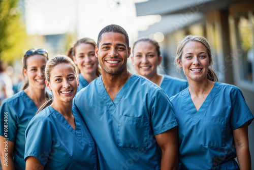Young Nurses in Blue Scrubs Walking Outdoors