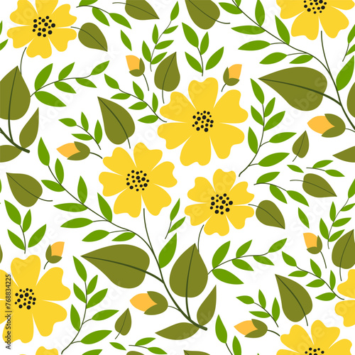 Spring yellow flowers and green leaves. Delicate spring bouquet seamless pattern. Floral graceful ornament. Plant composition. Summer design of flowers. Printable home decor in country style.
